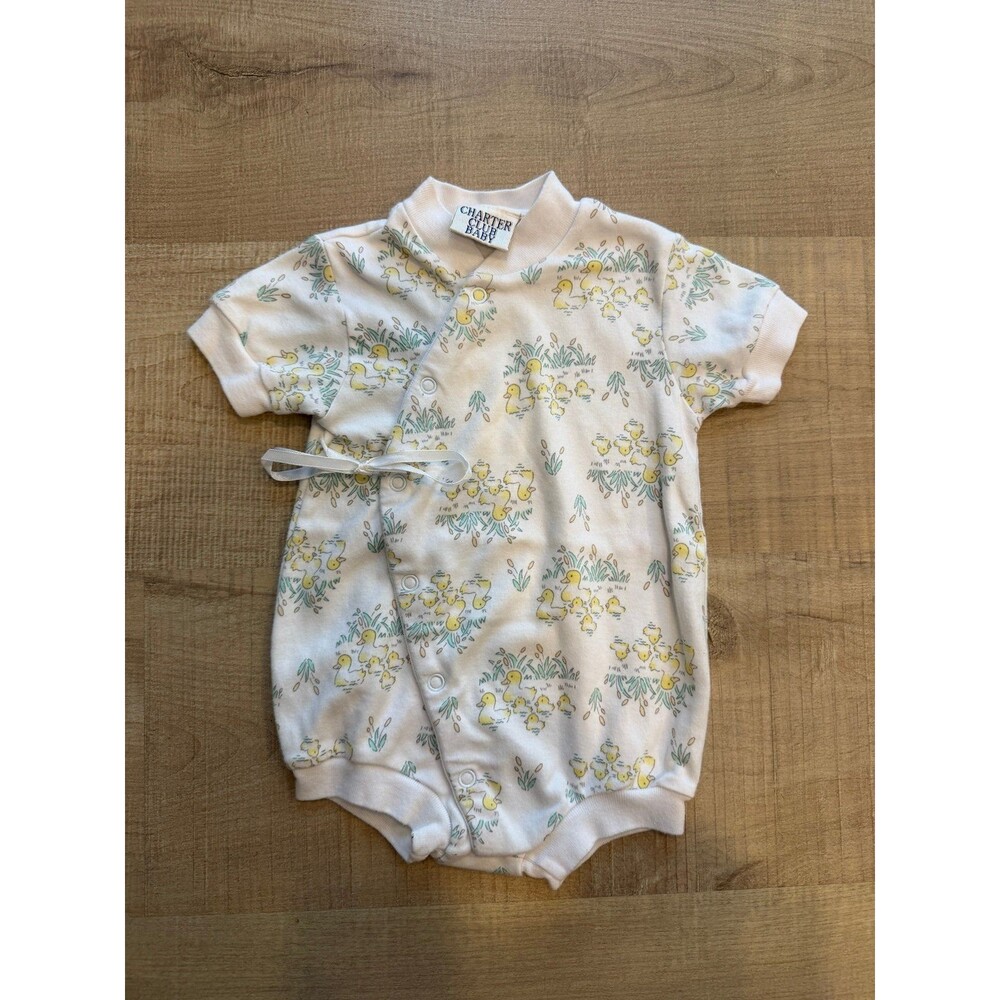 Vintage Charter Club Baby Duck Print Wrap Romper White Yellow Cotton Infant